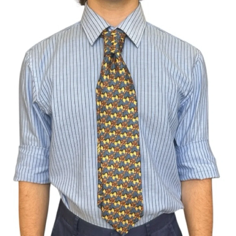 Ermenegildo Zegna Signature Blue and Gold 100% Silk Floral Farfalle Tie